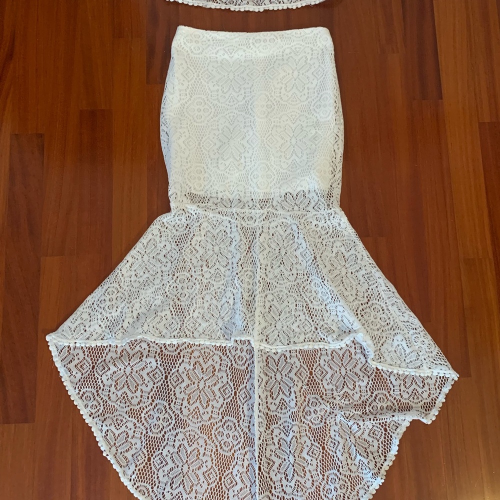 Two piece lace off the shoulder crop top skirt set. Perfect for the bride-to-be!